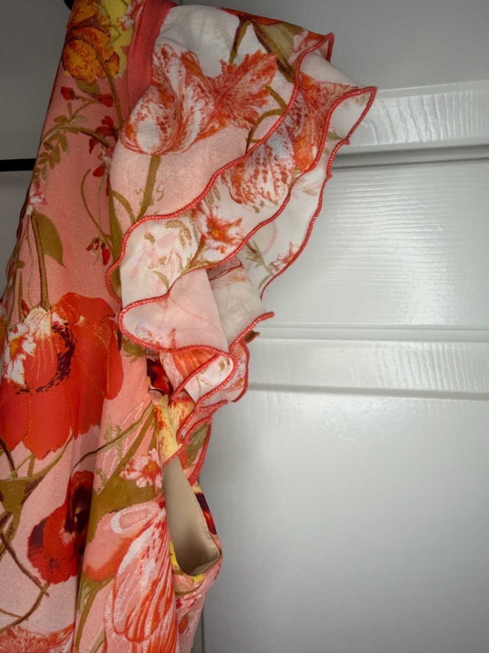 Floral V-Neck Ruffle Midi Dress in Pink Coral and Cream Sz 14W - Picture 5 of 6